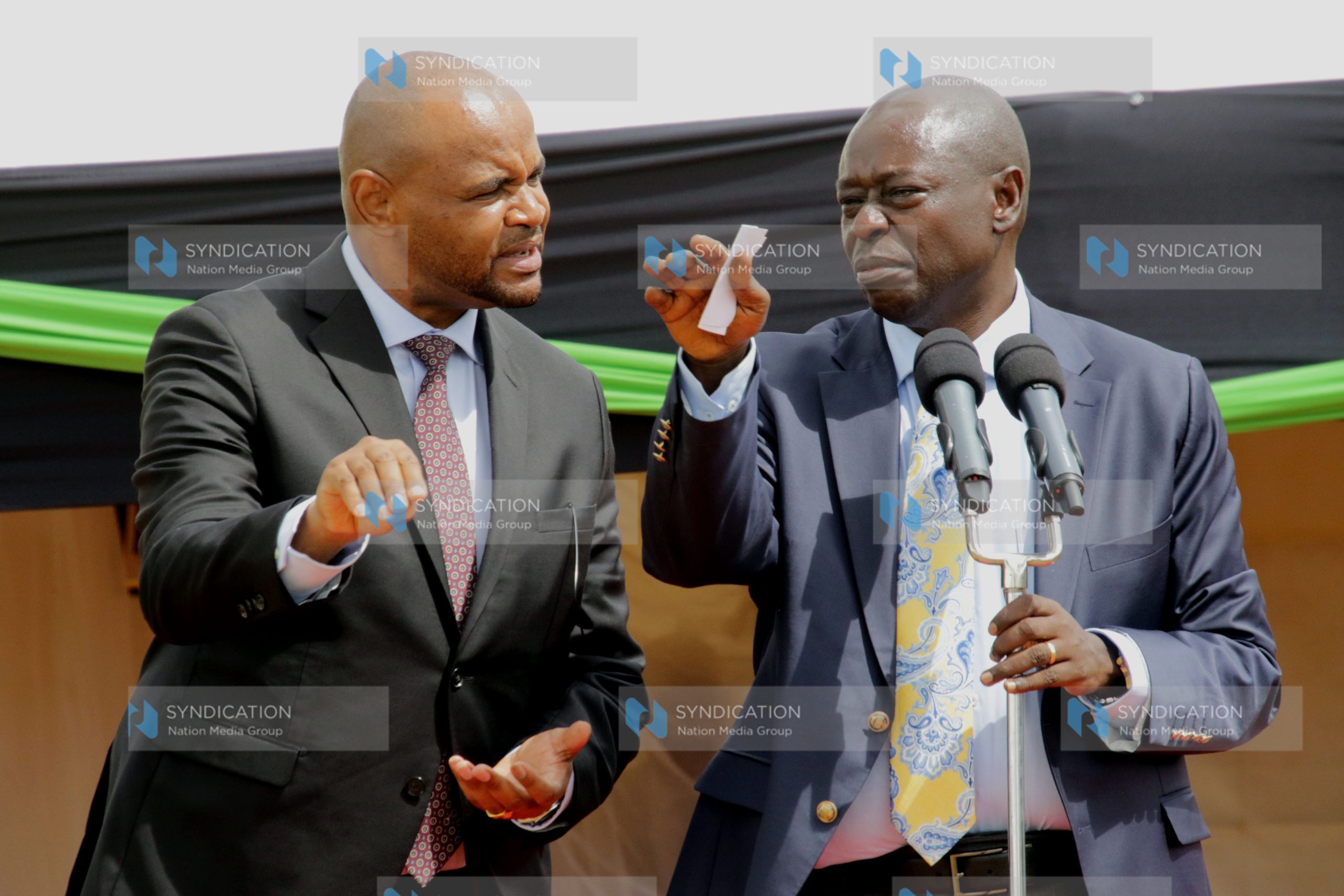 Deputy President Rigathi Gachagua consults with Agriculture CAS Daniel Wamahiu