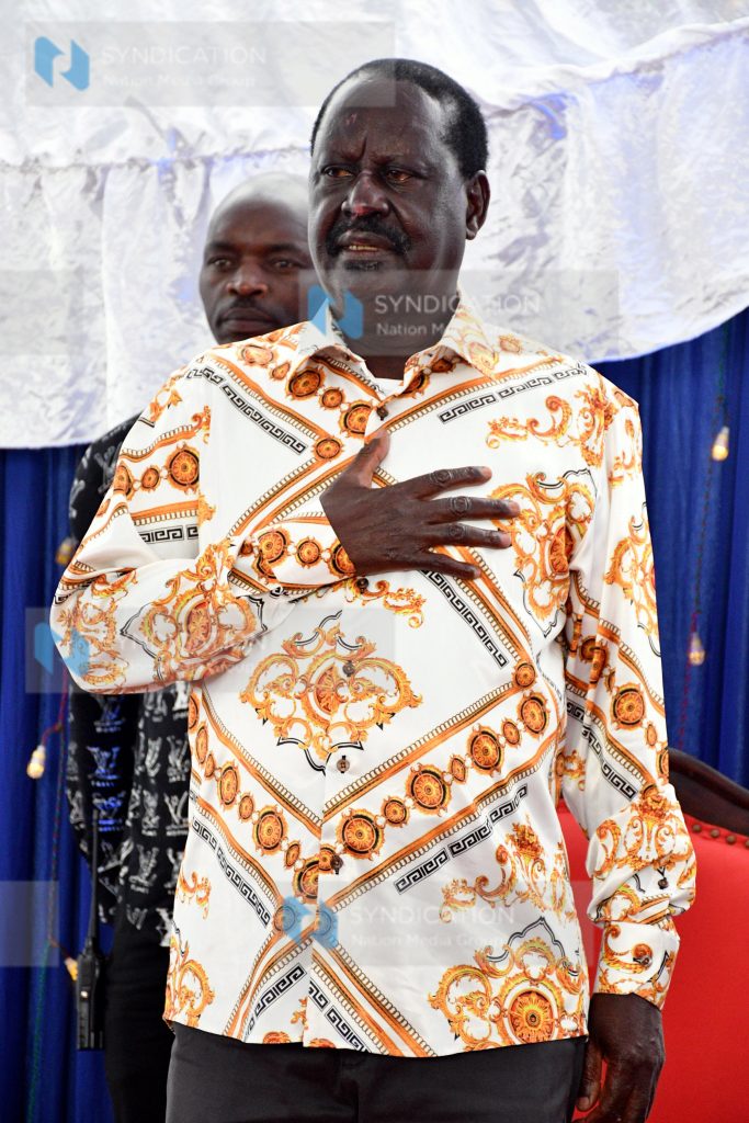 Raila Odinga in prayer during the Azimio Parliamentary Group meeting