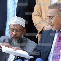Najib Balala flanked by nominated MP Sheikh Dor address a press conference