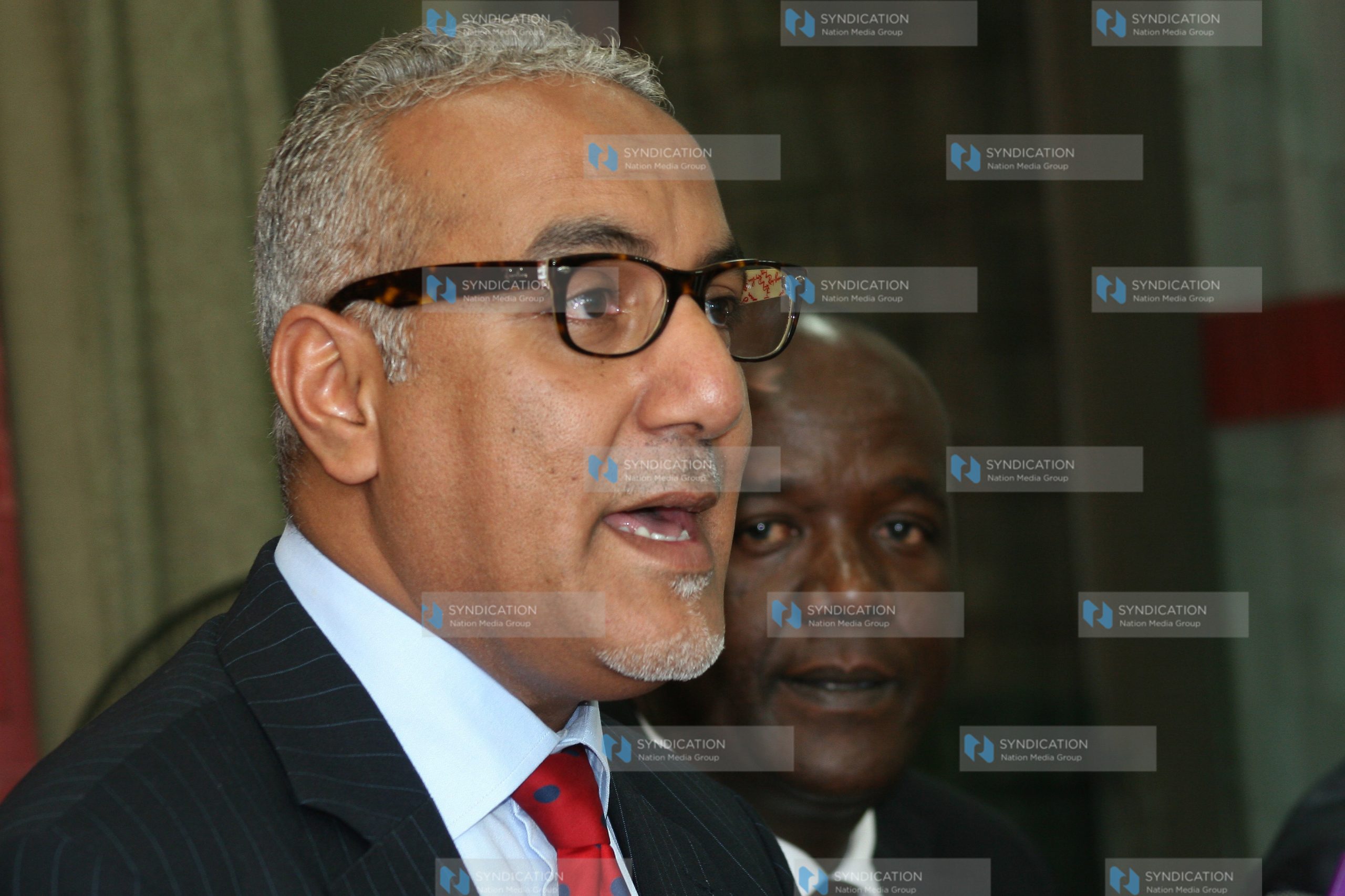 Mvita MP Najib Balala (left) flanked by Malindi MP Gideon Mung’aro