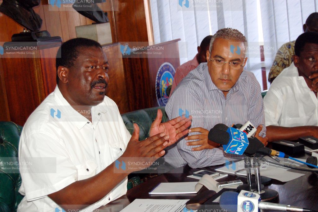 Musalia Mudavadi together with tourism minister Najib Balala addressing journalists