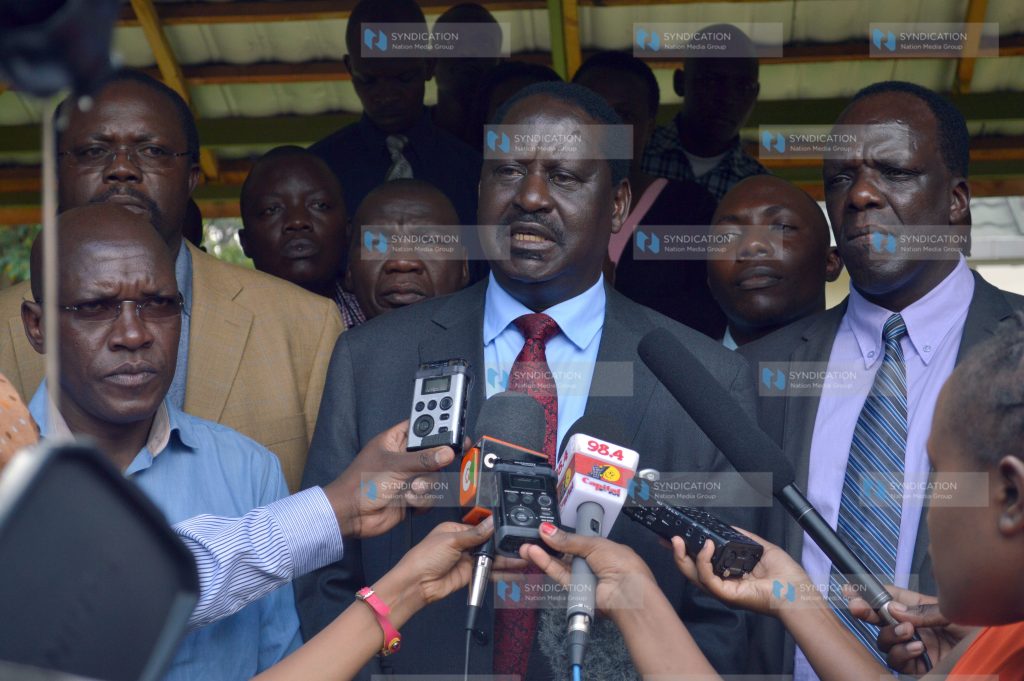 CORD leader Raila Odinga and coalition members at Chiromo Mortuary