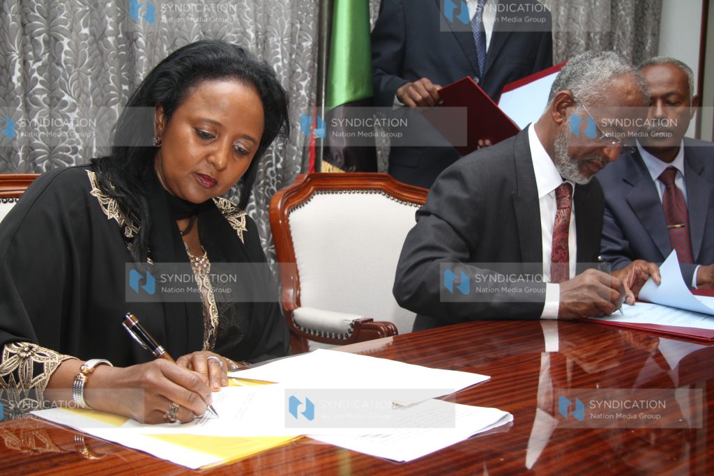 Foreign Affairs CS Amina Mohamed with the Sudan minister for foreign affairs Ali Ahmed Karti