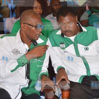 CORD co-principal Moses Wetangula confers with Ford Kenya Secretary General Eseli Simiyu