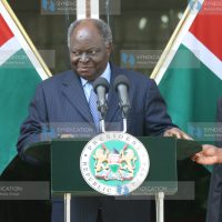 President Mwai Kibaki addresses the press at his Harambee House