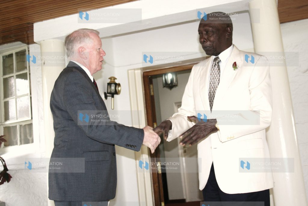 Former President Daniel Arap Moi with American Ambassador Michael Renneberger