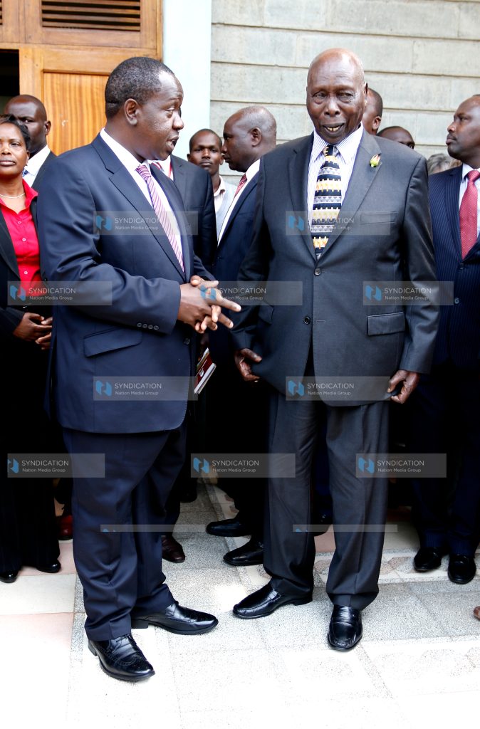 Education Cabinet Secretary Fred Matiang’i has a word with former President Daniel Arap Moi