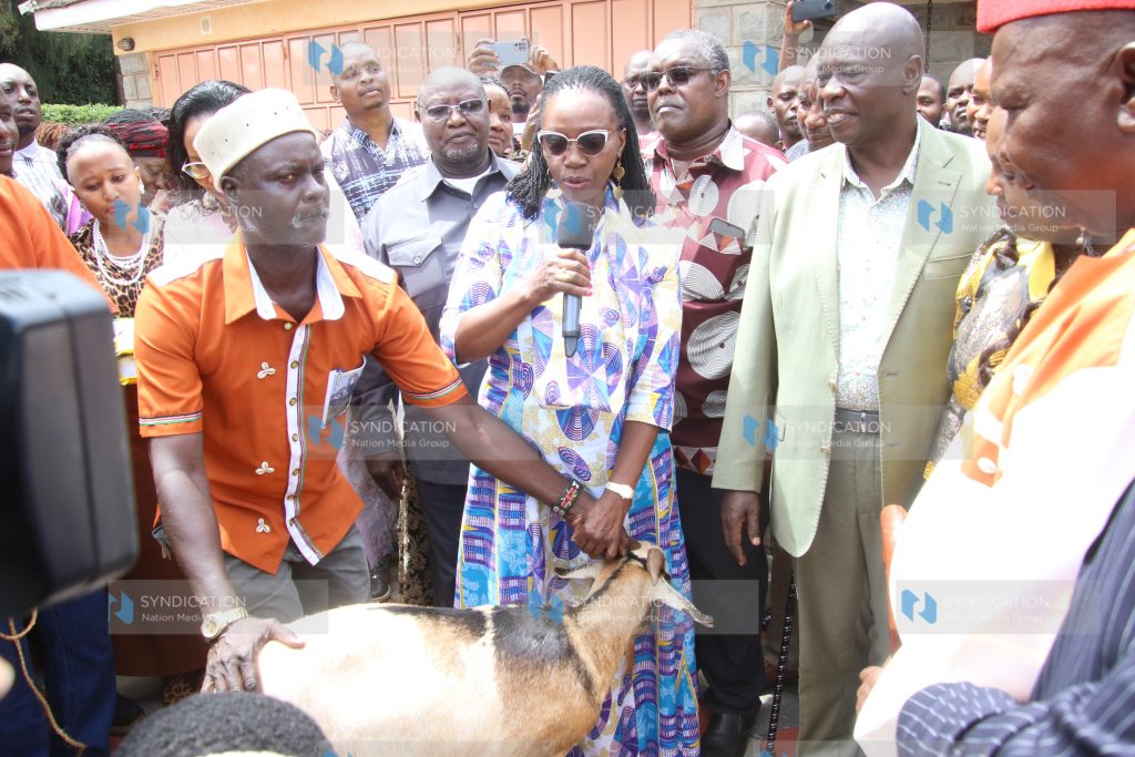 Former Deputy President Rigathi Gachagua receives gifts from PLP party leader Martha Karua