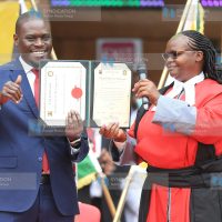 Nairobi city County Governor Johnson Sakaja receive his certificate from Justice Roseline Aburili
