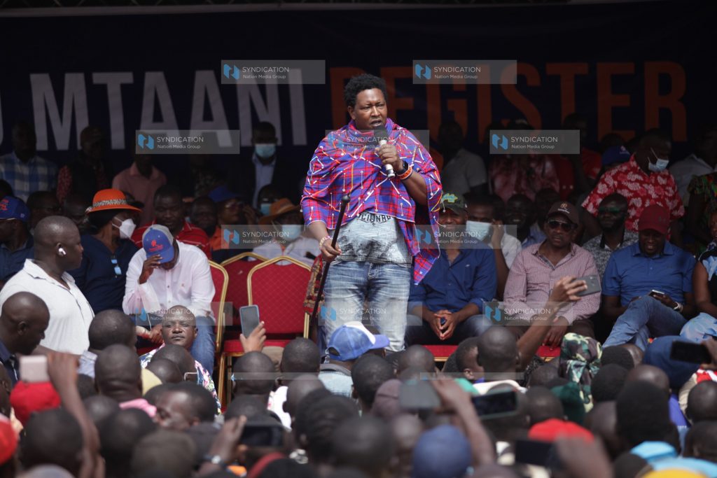 Narok Senator Ledama Ole Kina addresses a crowd in Siaya town