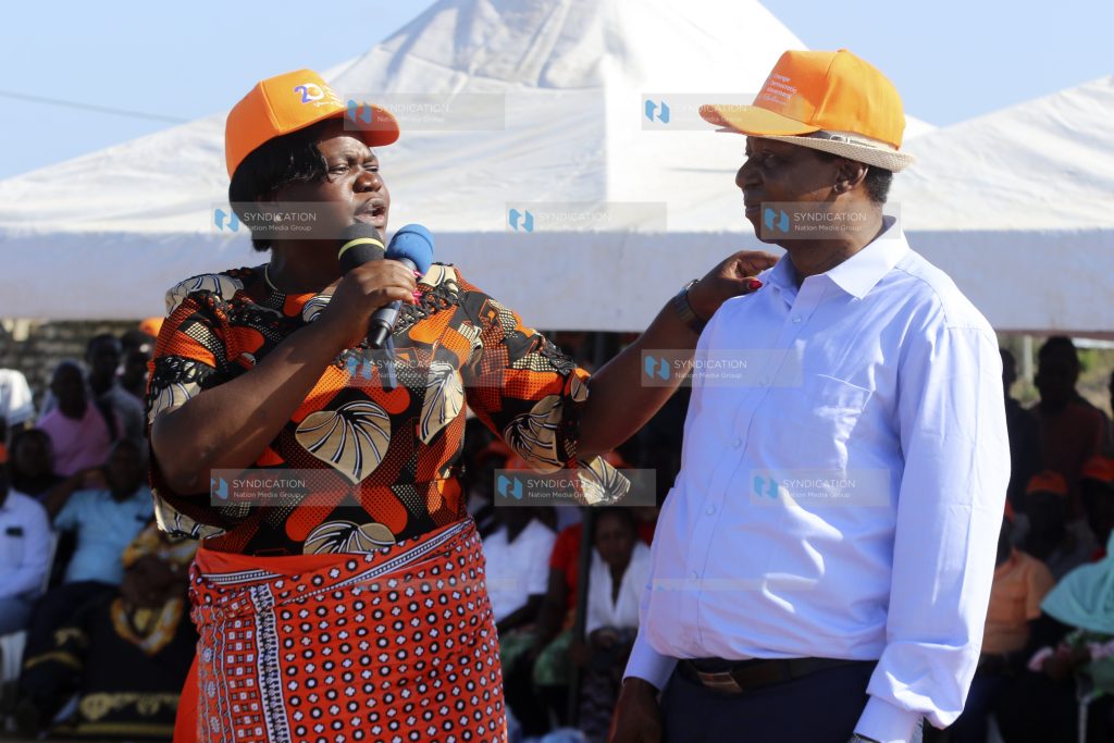 Gladys Wanga (left) campaigning for their ODM Party Candidate Harrison Kombe (right)