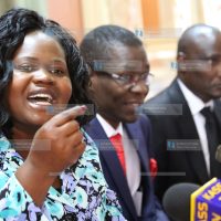 Gladys Wanga (Left) with Ugunja MP Opiyo Wundayi (Center) and Suba MP John Mbadi addressing the press