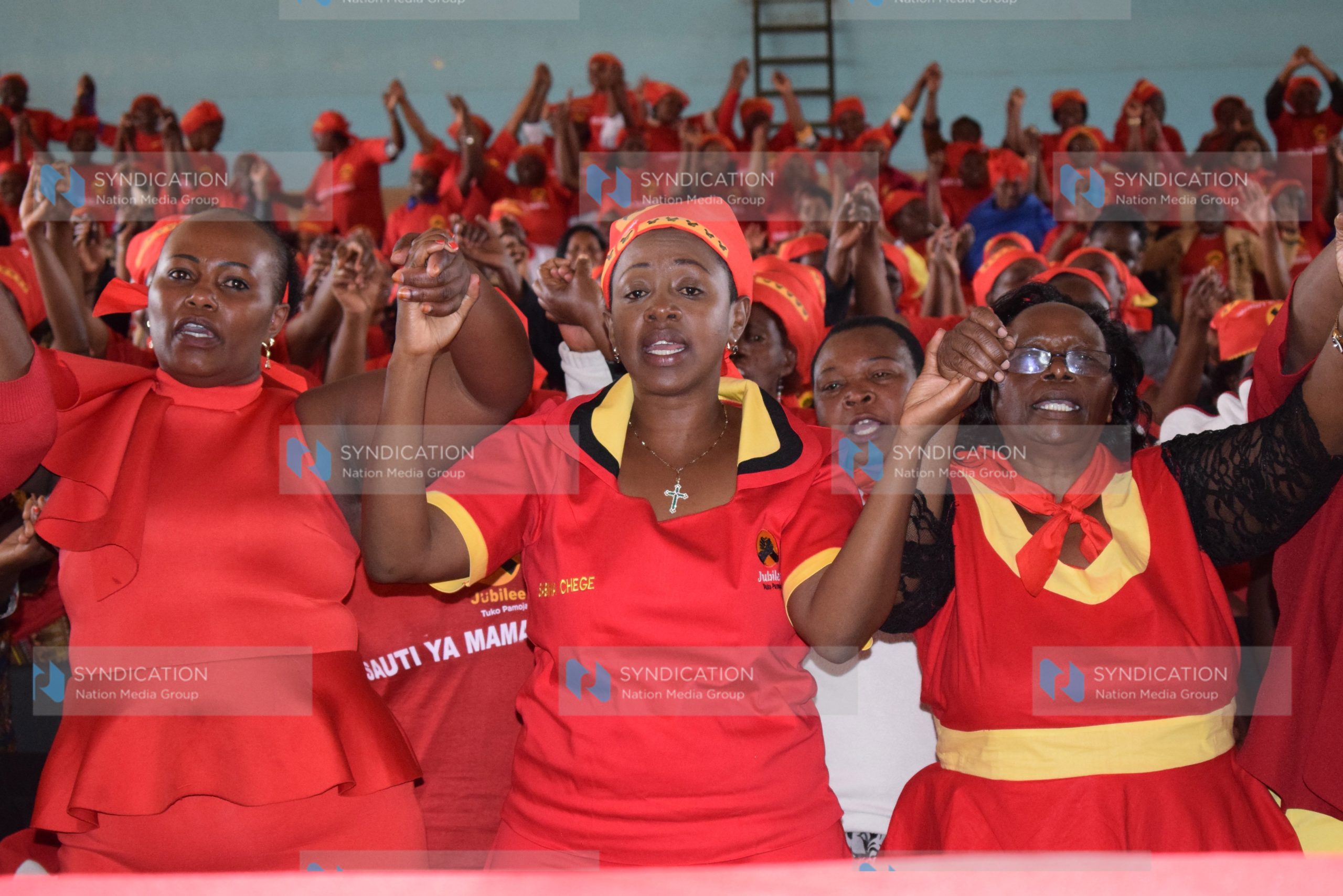 Sabina Chege, Murang’a Woman Representative, joins other women during a leaders’ meeting