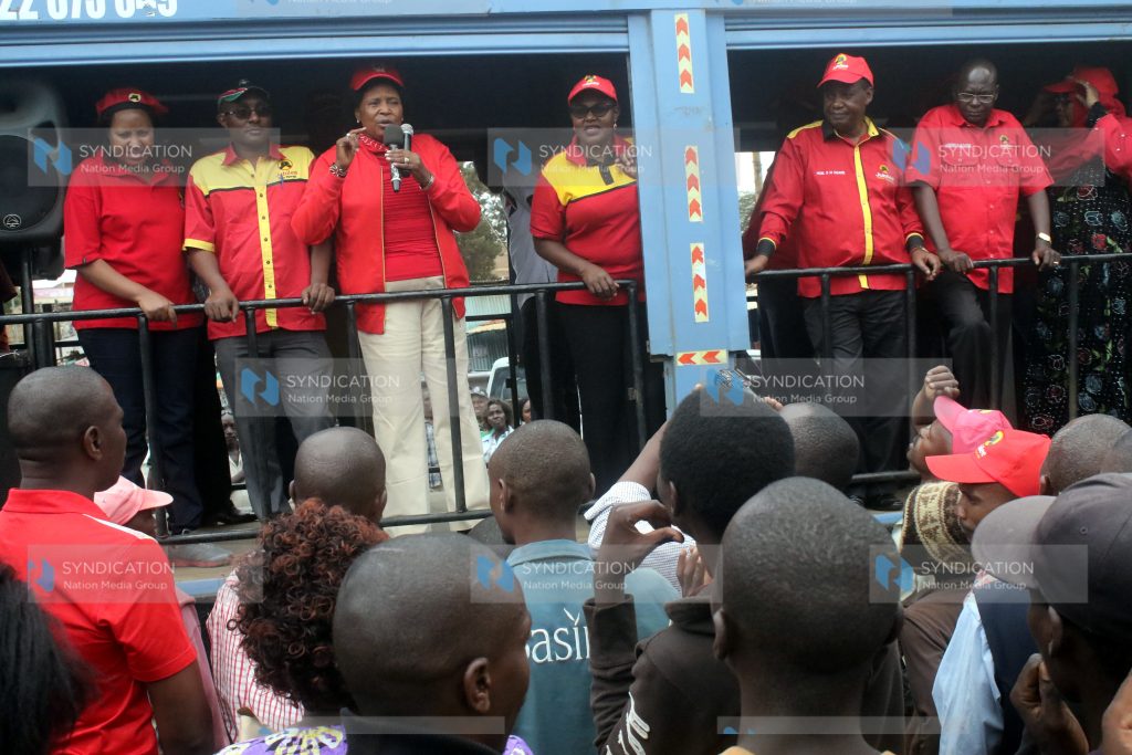Mary Wambui, former Othaya MP, addresses wananchi in Nyeri town during a campaign