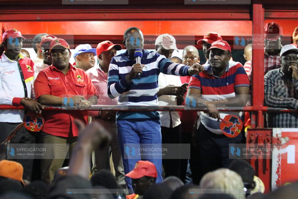 Jamleck Kamau, former Kigumo MP, addresses wananchi during a campaign rally