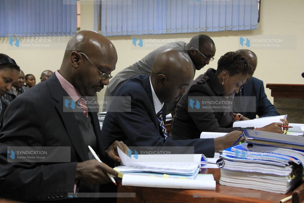 Team of lawyers during a hearing of a petition challenging election of Othaya MP Mary Wambui
