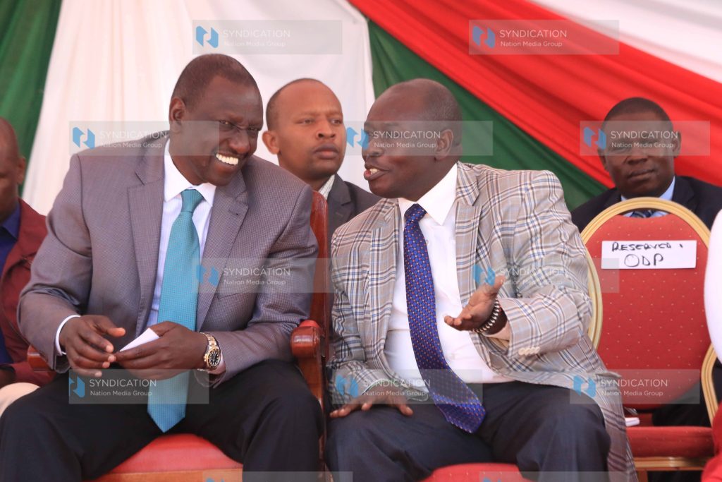 Deputy President William Ruto chats with Mathira MP Rigathi Gachagua