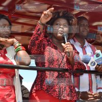 TNA party member Rachel Shebesh, centre, addresses a crowd in Kieni
