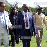 Tourism CS Najib Balala, left, is taken for a tour around Giraffe Ark hotel