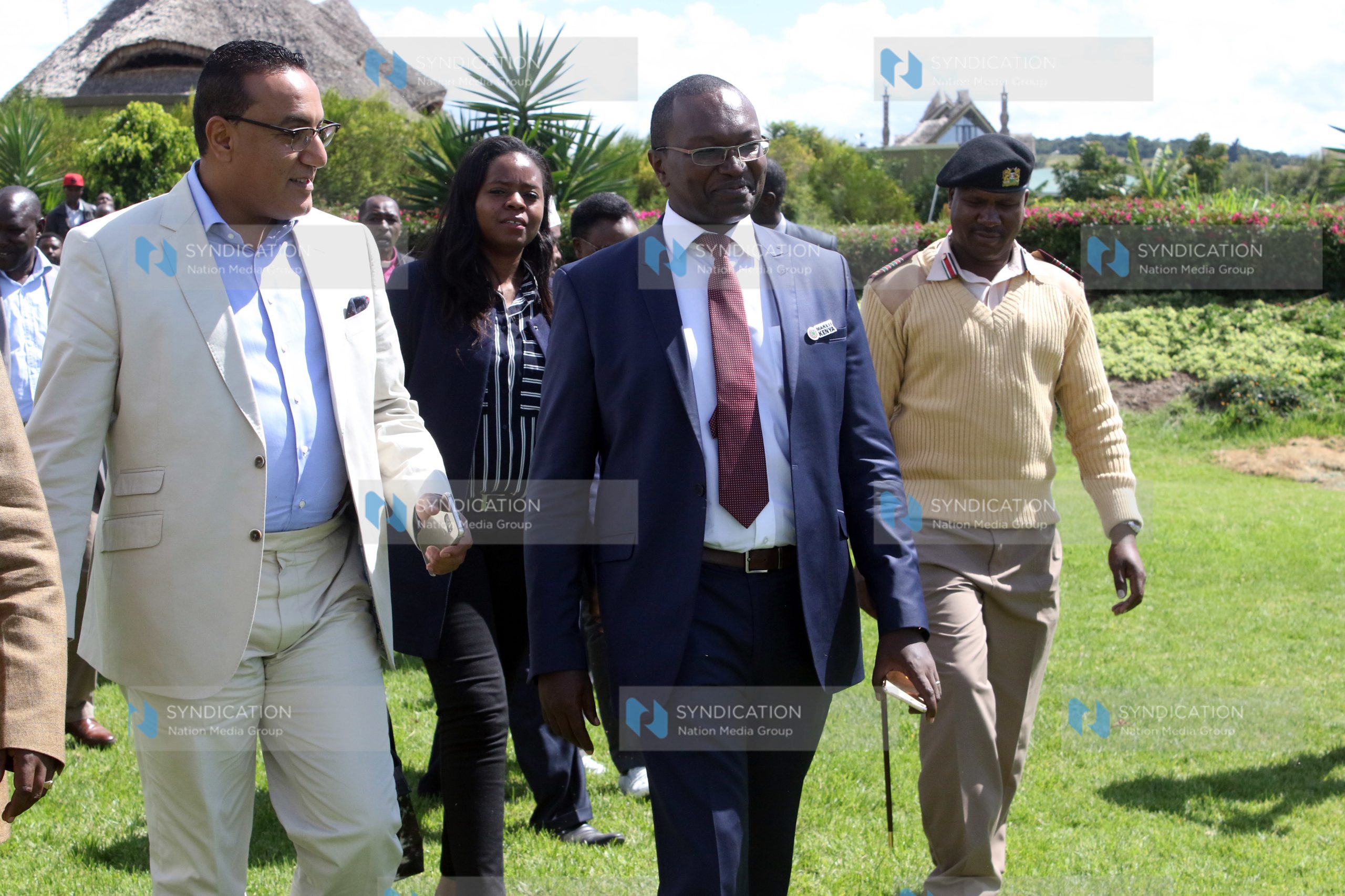 Tourism CS Najib Balala, left, is taken for a tour around Giraffe Ark hotel