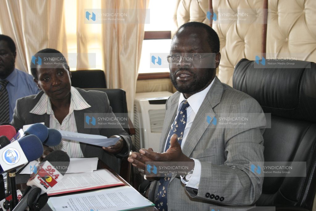 Medical services minister Anyang Nyong'o (right) with PS Mary Ngari address a news conference