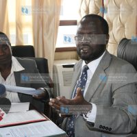 Medical services minister Anyang Nyong'o (right) with PS Mary Ngari address a news conference