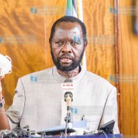 Kisumu Governor Prof Anyang' Nyong'o addresses journalists at his office