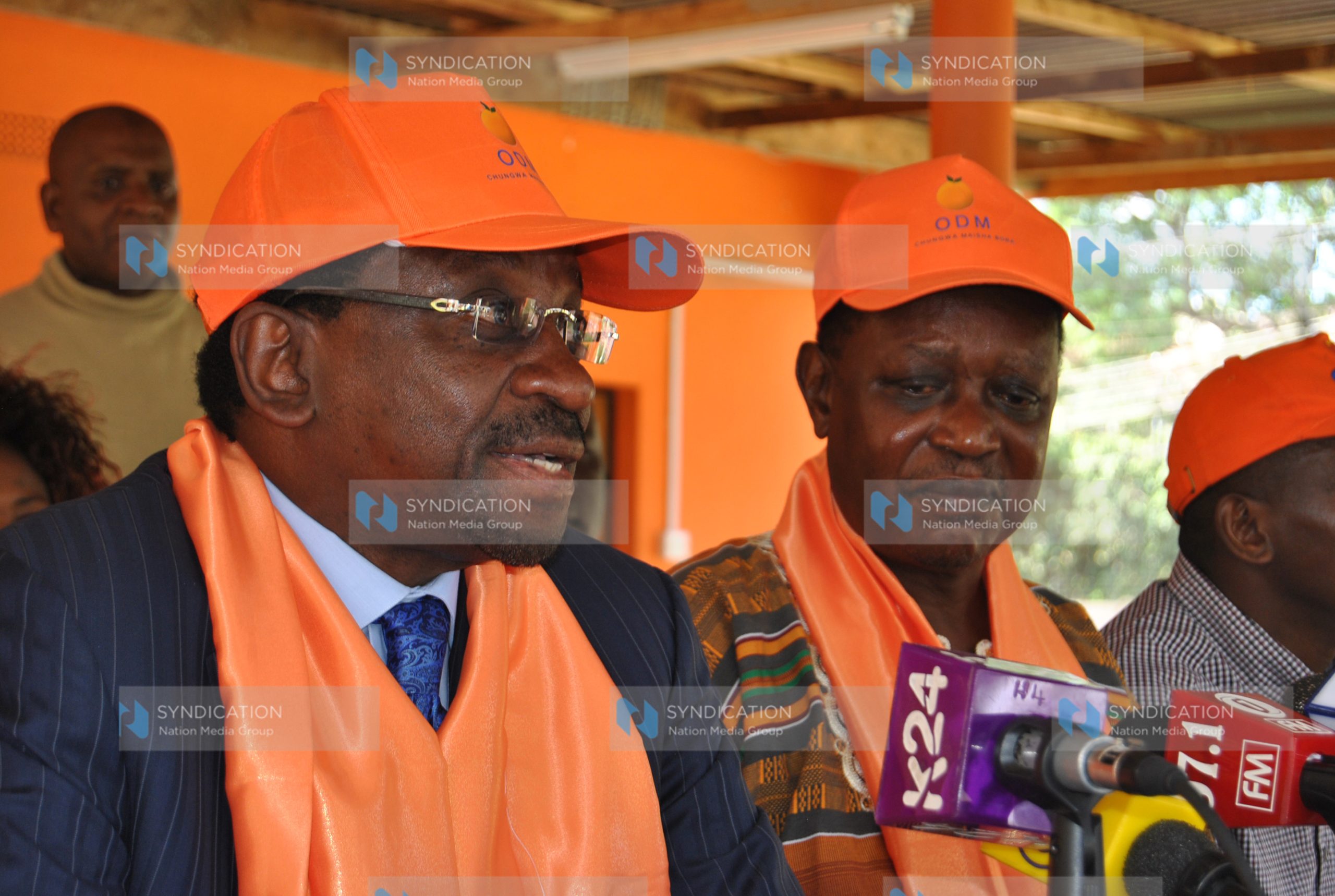 Dr. Oburu Odinga (right) and James Orengo address a press conference