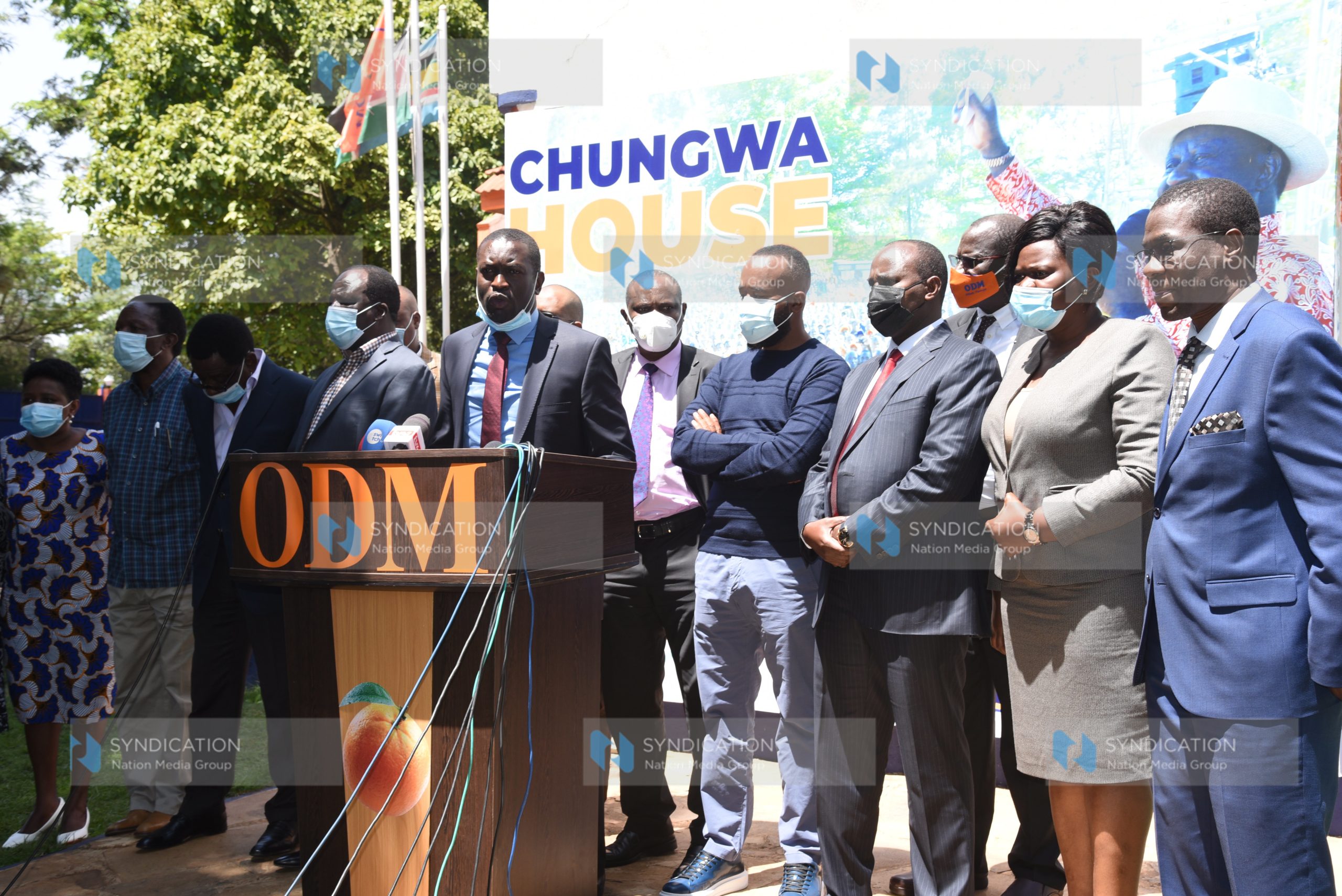 Edwin Sifuna leading other party Leaders in addressing journalists at Chungwa House