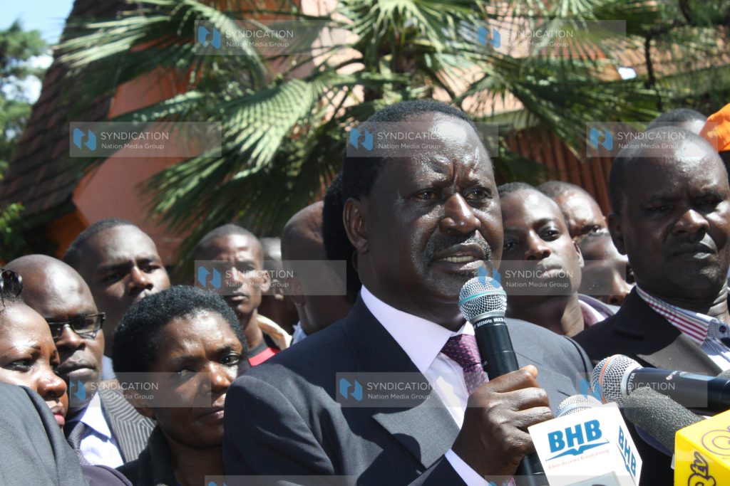 ODM leader Raila Odinga speaks with journalists