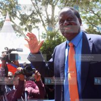 Former Prime Minister Raila Odinga (left) at the opening of Chungwa House