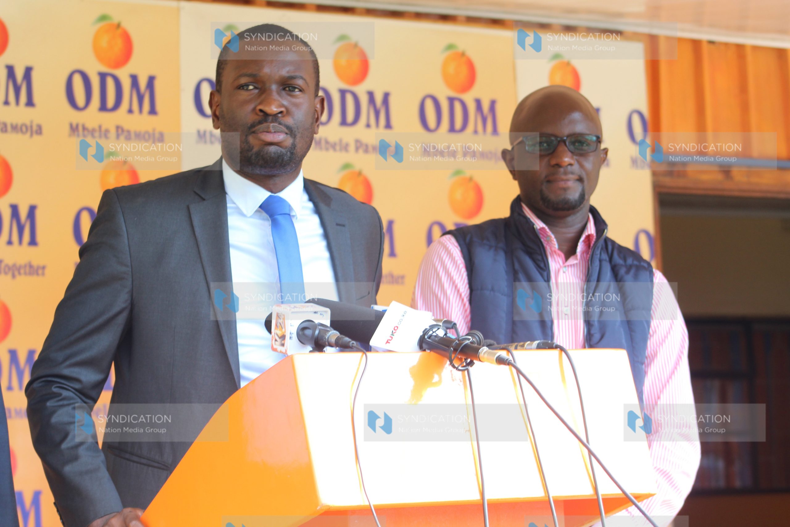 ODM Secretary General Edwin Sifuna (left) addressing the media