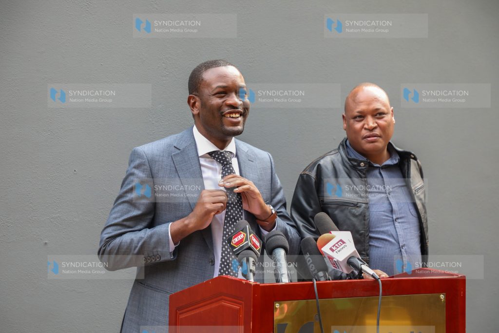 (ODM) Secretary General Edwin Sifuna and Youth League President John Ketora (right)