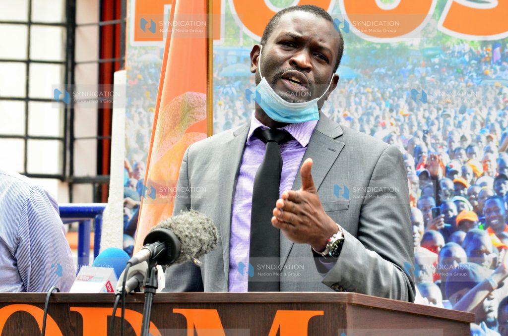 (ODM) Secretary General Edwin Sifuna gestures while addressing a media briefing