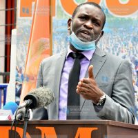(ODM) Secretary General Edwin Sifuna gestures while addressing a media briefing