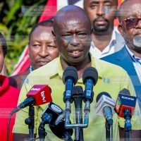 Former Deputy President Rigathi Gachagua addressing journalists at SKM command centre
