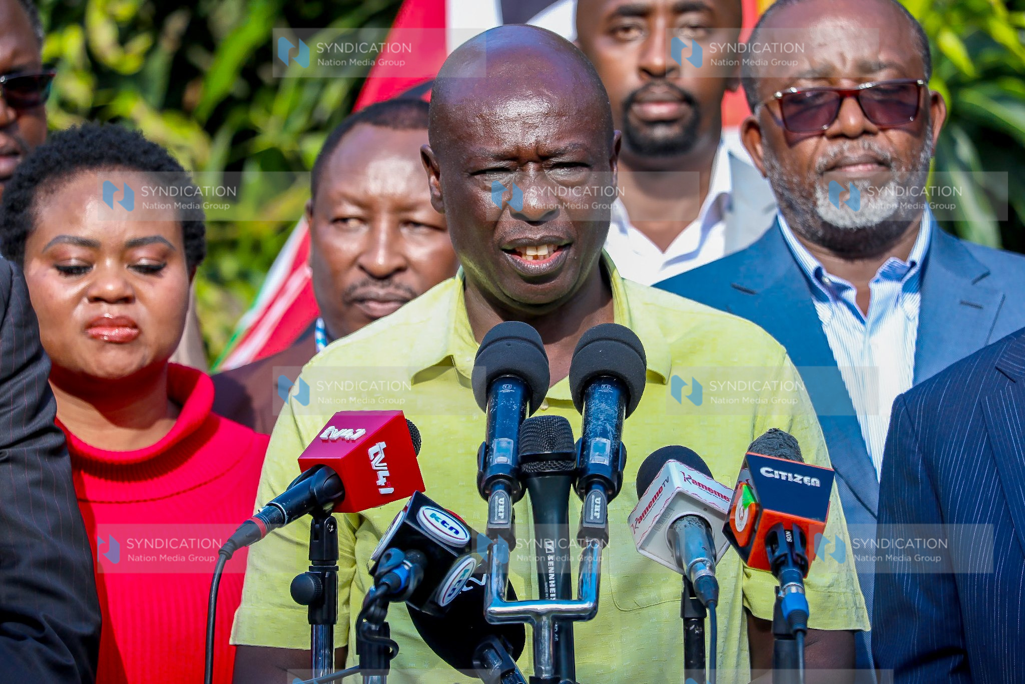 Former Deputy President Rigathi Gachagua addressing journalists at SKM command centre