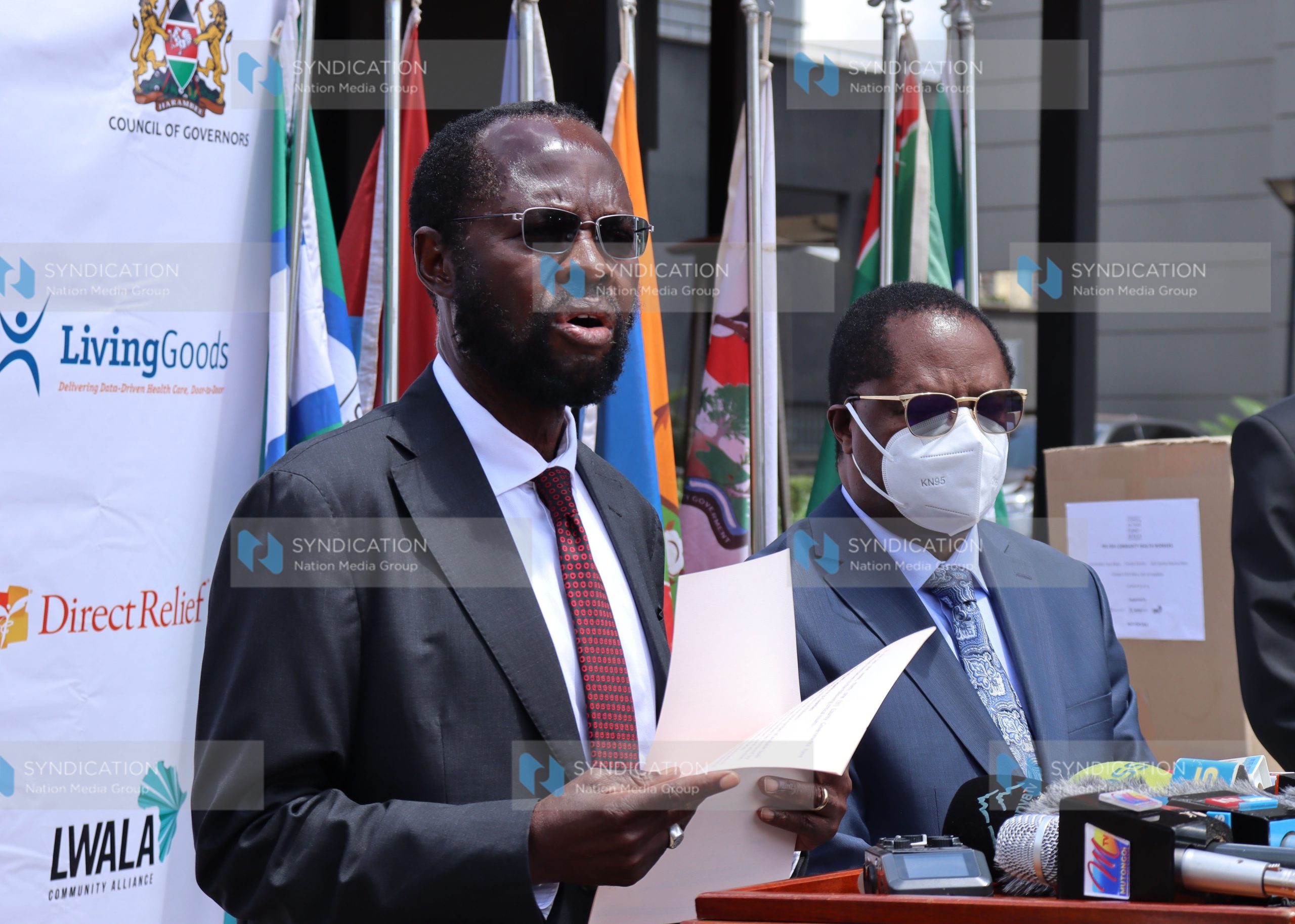 Prof. Anyang’ Nyong’o (left) briefs the press