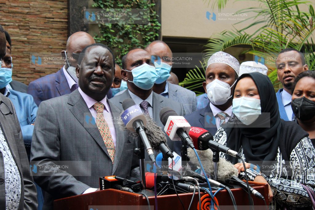 Former Prime Minister Raila Odinga addresses the press