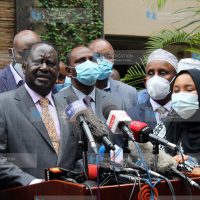 Former Prime Minister Raila Odinga addresses the press