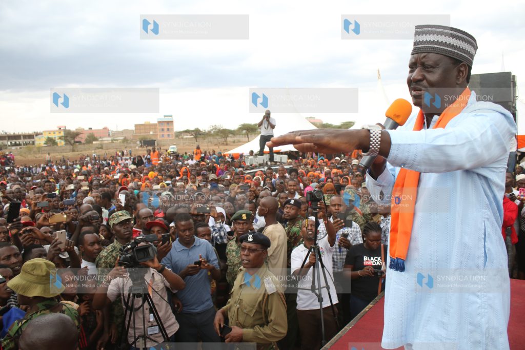 ODM leader Raila Odinga speaks to a gathering at Isiolo Stadium
