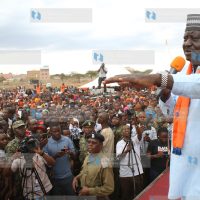 ODM leader Raila Odinga speaks to a gathering at Isiolo Stadium