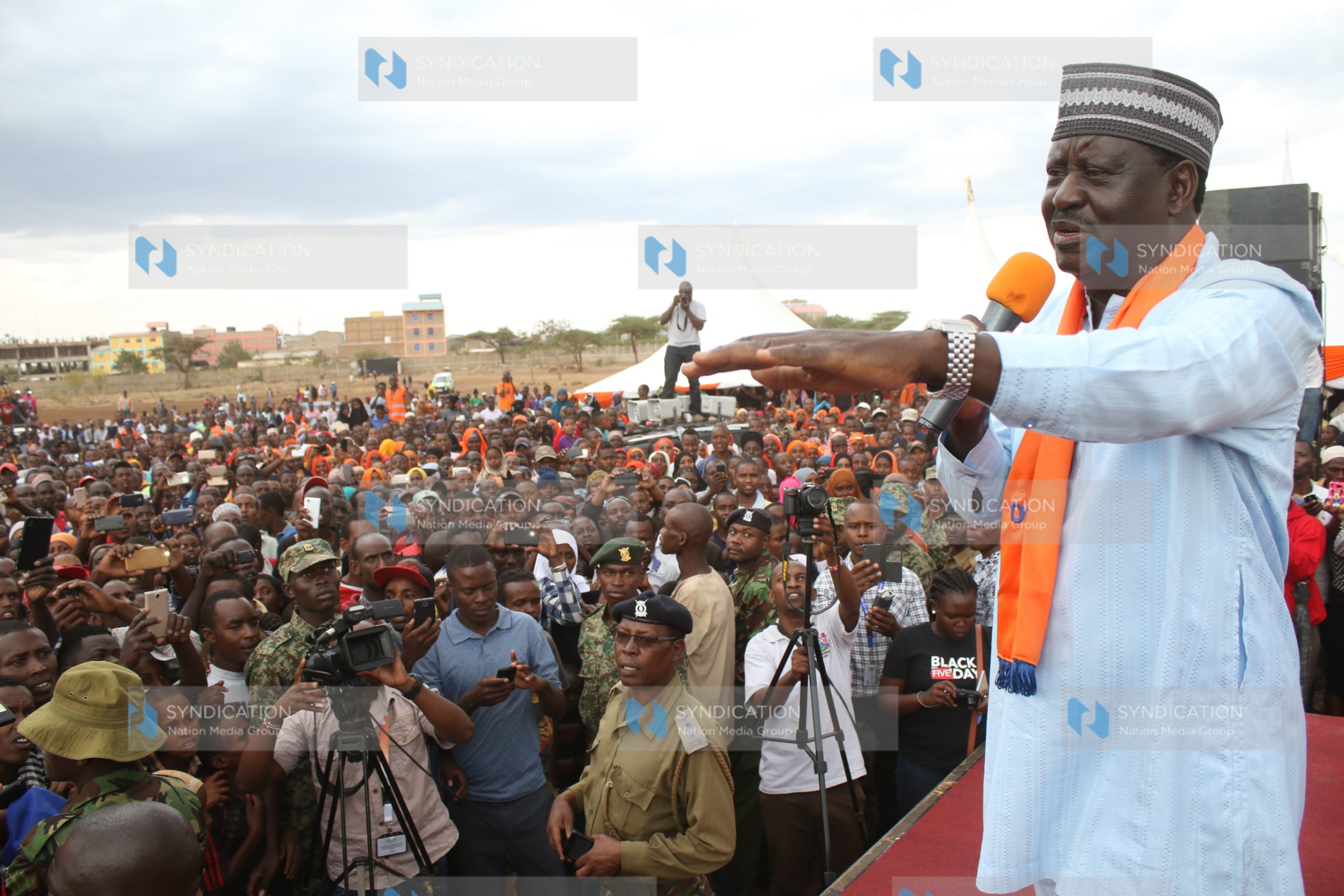 ODM leader Raila Odinga speaks to a gathering at Isiolo Stadium