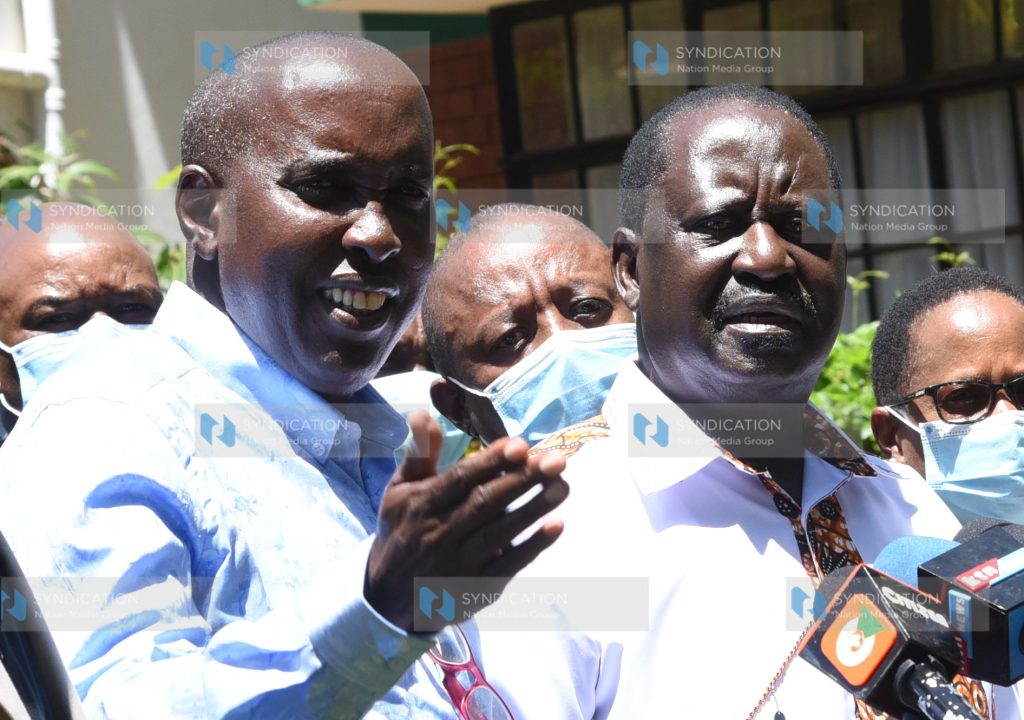 Raila Odinga and Kajiado Governor Joseph Lenku address journalists