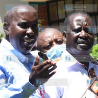 Raila Odinga and Kajiado Governor Joseph Lenku address journalists