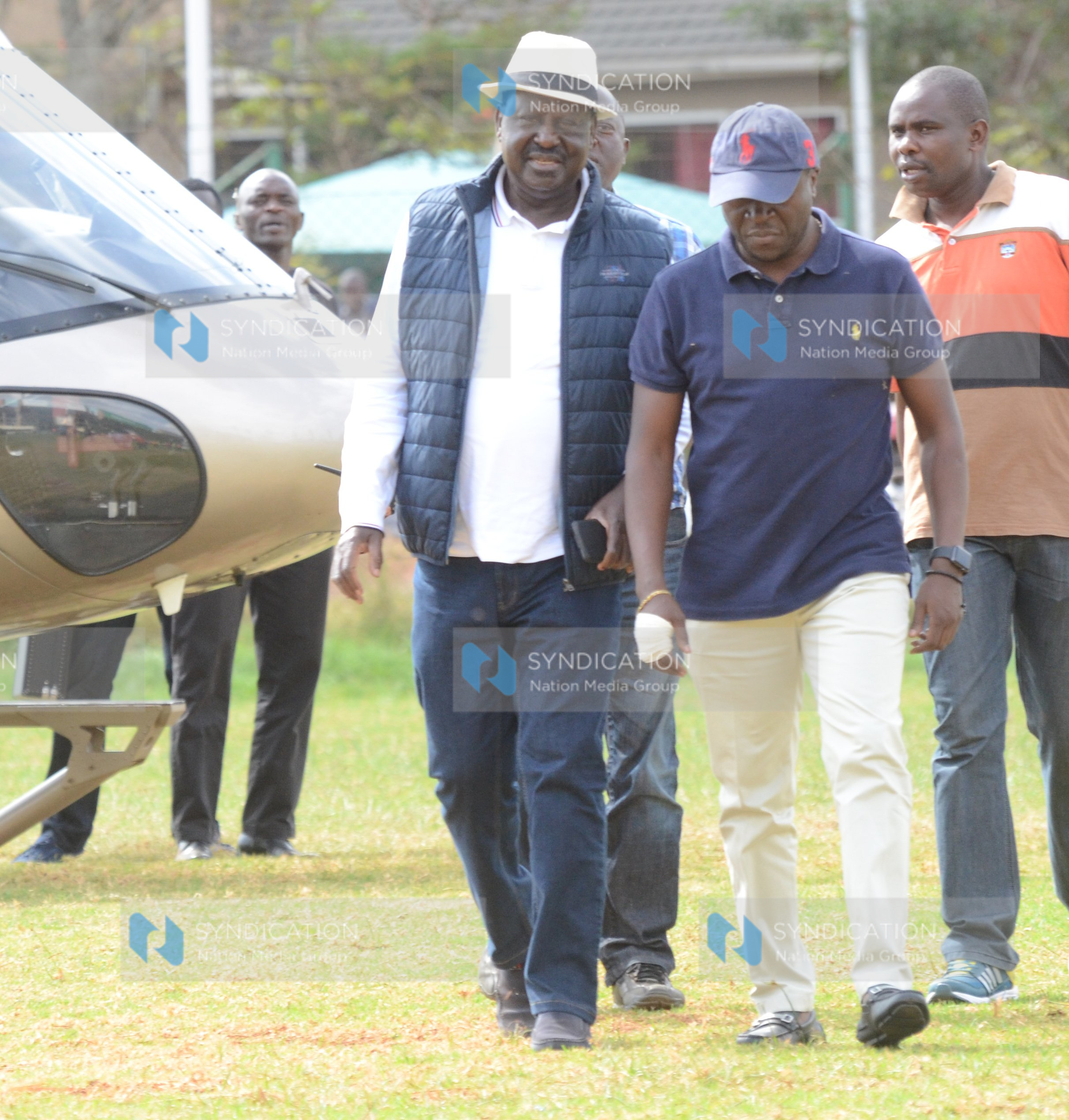 NASA leader Raila Odinga (left) arrives at Kasarani Stadium