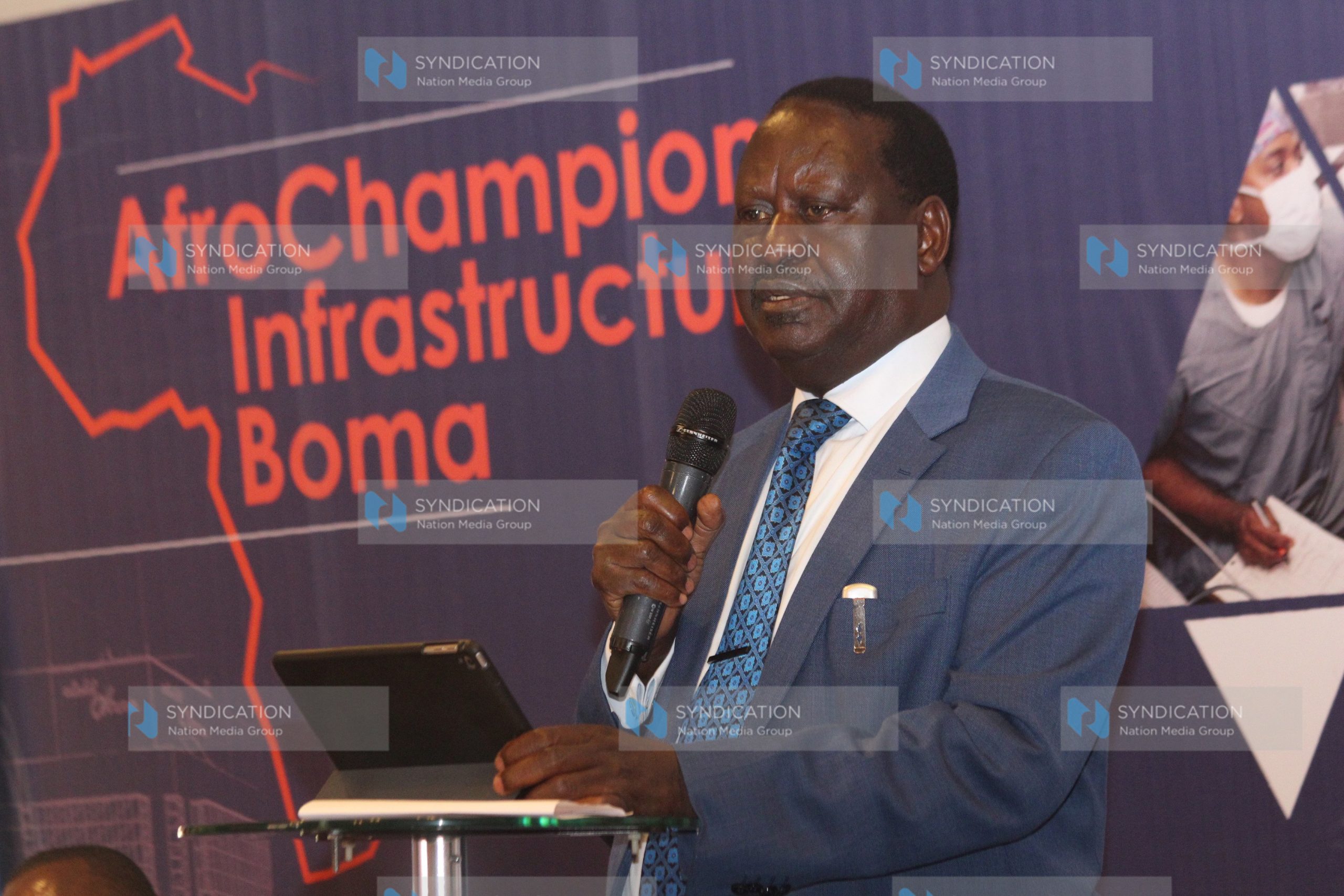 Raila Odinga giving a speech during the Infrastructure Boma conference