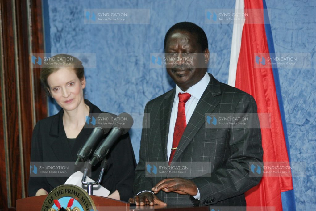 Raila Odinga (right) with France's Minister for Ecology, Sustainable Development and Transport Nathalie Kosciusko-Morizet