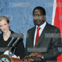 Raila Odinga (right) with France's Minister for Ecology, Sustainable Development and Transport Nathalie Kosciusko-Morizet
