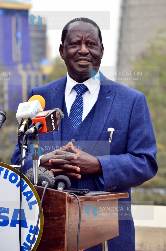 Presidential candidate Raila Odinga addressing media